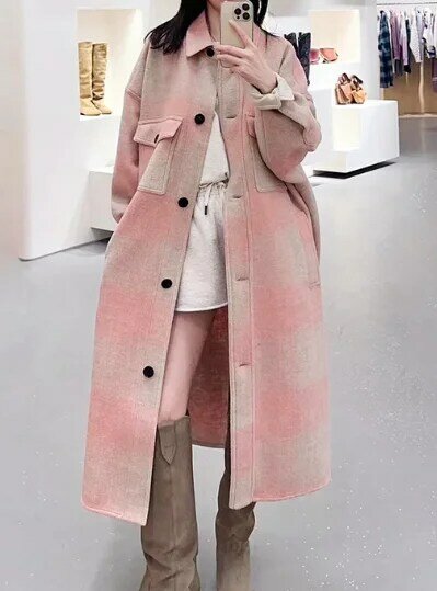 Women's Long Coat Plaid Embroidery Single Breasted OL Loose Autumn New Ladies Woolen Jacket