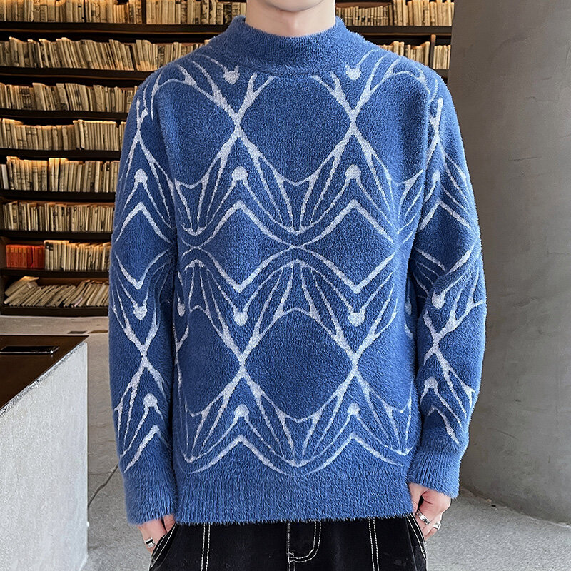 Sweter Pria Fashion Baru Motif Alfabet Lengan Panjang Kerah Bulat Jubah Tetap Hangat Musim Dingin Pullover Pemuda Korea