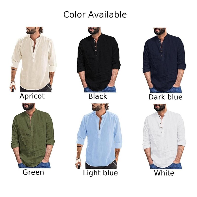 Autumn Mens Casual Long Sleeve Button-Down Shirt Cotton Blouse Fitness Shirts Loose Solid Vintage Henley V-Neck Tops T-Shirts