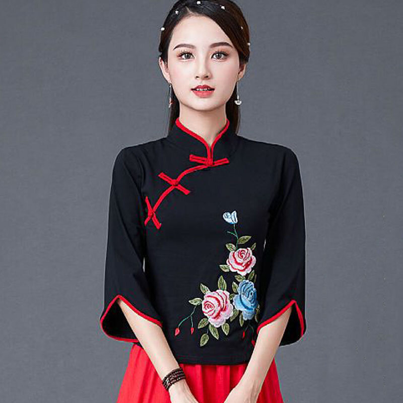 Cheongsam Wanita Kerah Berdiri Hanfu Atasan 2023 Mode Katun Campuran Bordir Penyambungan Gaya Cina Tang Kostum Kemeja Wanita