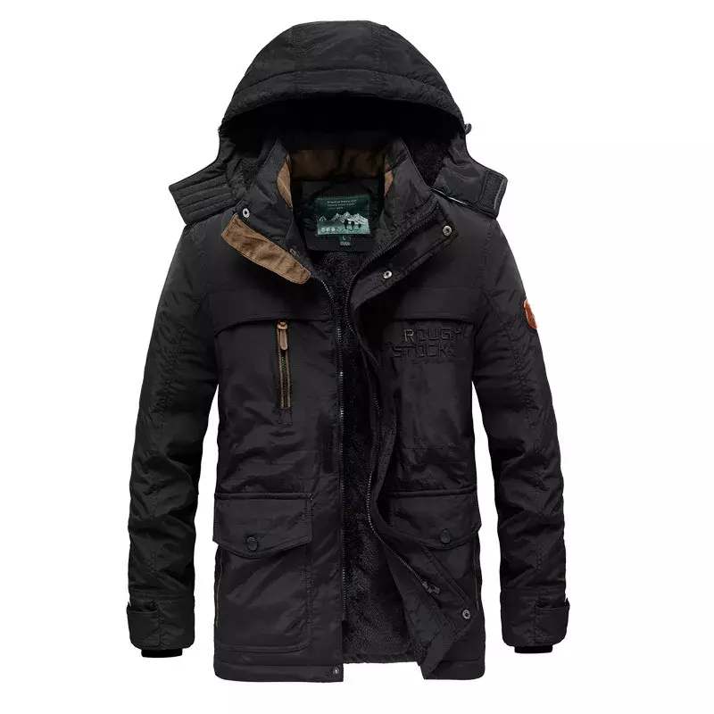 Winter Jacket Men Thick Padded Parka Fleece Liner Coat New Fur Collar Hooded Warm Outwear Male Multi-Pocket Windproof Overcoat