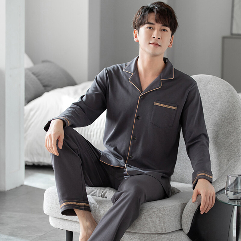 Pijama de algodão puro masculino, calça de manga comprida, cardigã despojado, moda simples, novo, primavera e outono