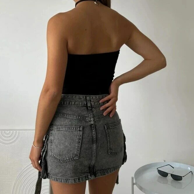 Mini saia preta retrô gótica feminina, saia Y2K, saias de jeans xadrez, moda casual de Harajuku, moda sexy, bolsos múltiplos
