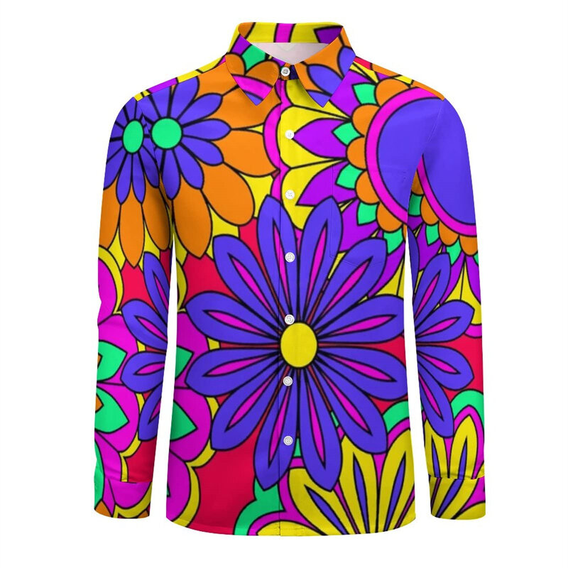 Chemise boutonnée à manches longues pour hommes, impression 3D de fleurs colorées, chemise confortable décontractée, tendance de la rue, mode