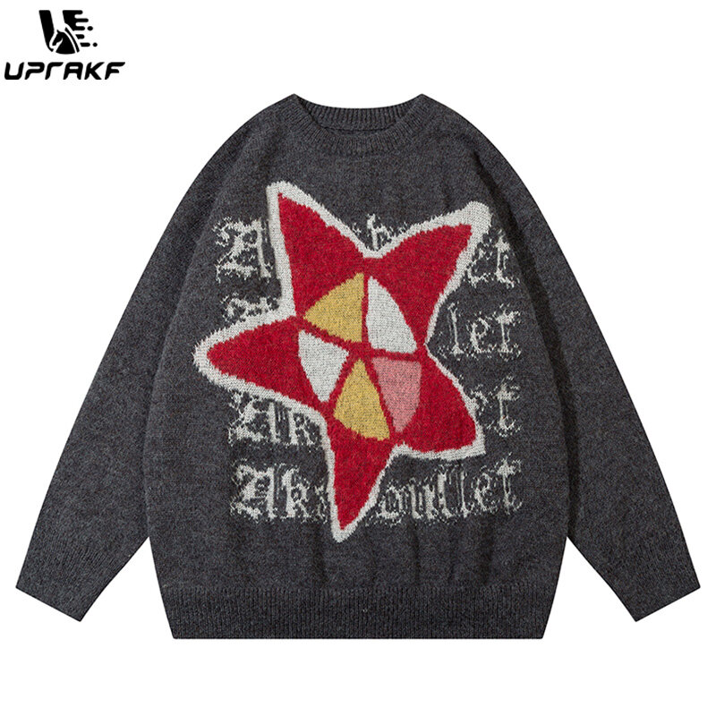 UPRAKF Star Graphic Sweater Autumn Loose Knitted Jumper Winter Fashion Streetwear Trendy Pullover Warm Casual