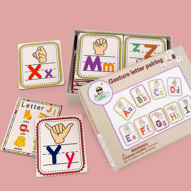 Colorido madeira dupla face alfabeto flash cards para crianças, gesto flashcards, presente de feriado, 26pcs, 3-7