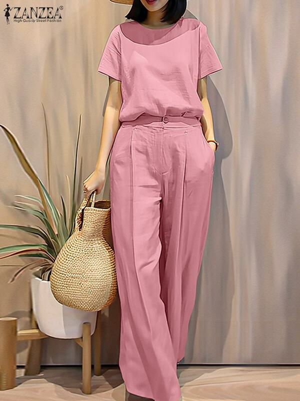 Zanzea 2024 Sommer Frauen Hose Sets Vintage Anzüge weibliche passende Sets solide Kurzarm lose 2 Stück lässig übergroße Blusen
