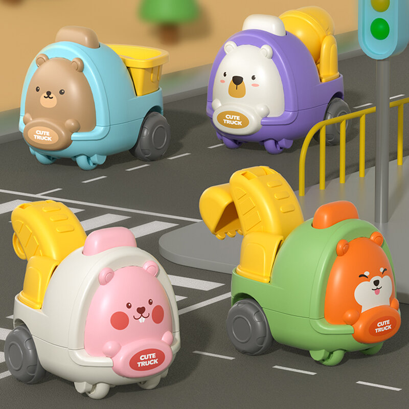 4PCS Baby Mini Inertia Toys Car Cute Animals Car Realistic Engineering Truck Engineering Vehicle Montessori Toys for Toddlers