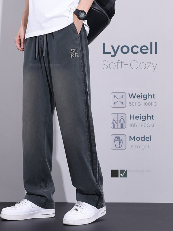 Calça Lyocell fina de verão masculina, macia, larga, elástica na cintura, calça casual vintage, roupas masculinas, tamanho grande, 5XL