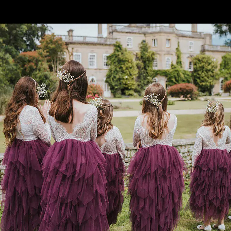 Gaun Anak Perempuan Bunga Pernikahan Pedesaan Boho Gaun Cupcake Ulang Tahun Putri Tutu Tulle Berjenjang Lengan Tiga Perempat Gaun Kontes Punggung Terbuka