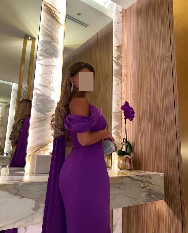 Vestidos formales de satén con chal para mujer, Vestido largo de sirena para invitados de boda, vestidos de noche de graduación, púrpura, Arabia Saudita
