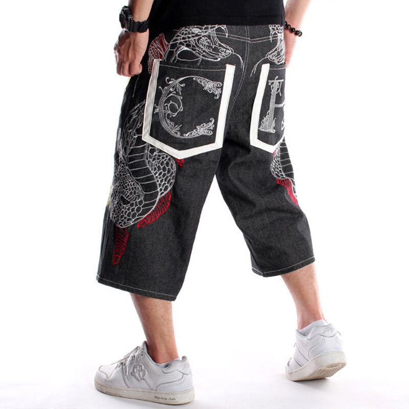Men's Trendy Embroidered Skateboard Pants Oversized Loose Casual Denim Shorts Design Animal Pattern Hip Hop Straight Leg Pants
