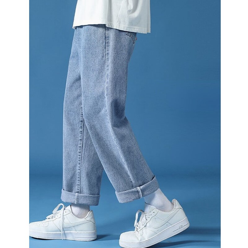 Jeans Ala Jalanan Celana Panjang Kaki Lurus Denim Warna Solid Fashion Pria Celana Jeans Kaki Lebar Pinggang Sedang Kancing Longgar Kasual Musim Panas