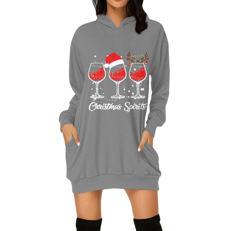 Damen lässig Mode Weihnachten gedruckt Langarm Hoodie Long Style Hoodie Baumwolle T-Shirt Kleider für Frauen Baumwolle Kleider
