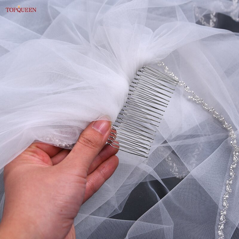 Topqueen v32 véu de noiva cristal frisado borda do grânulo curto véu com pente camada simples véu de noiva com strass cristal claro