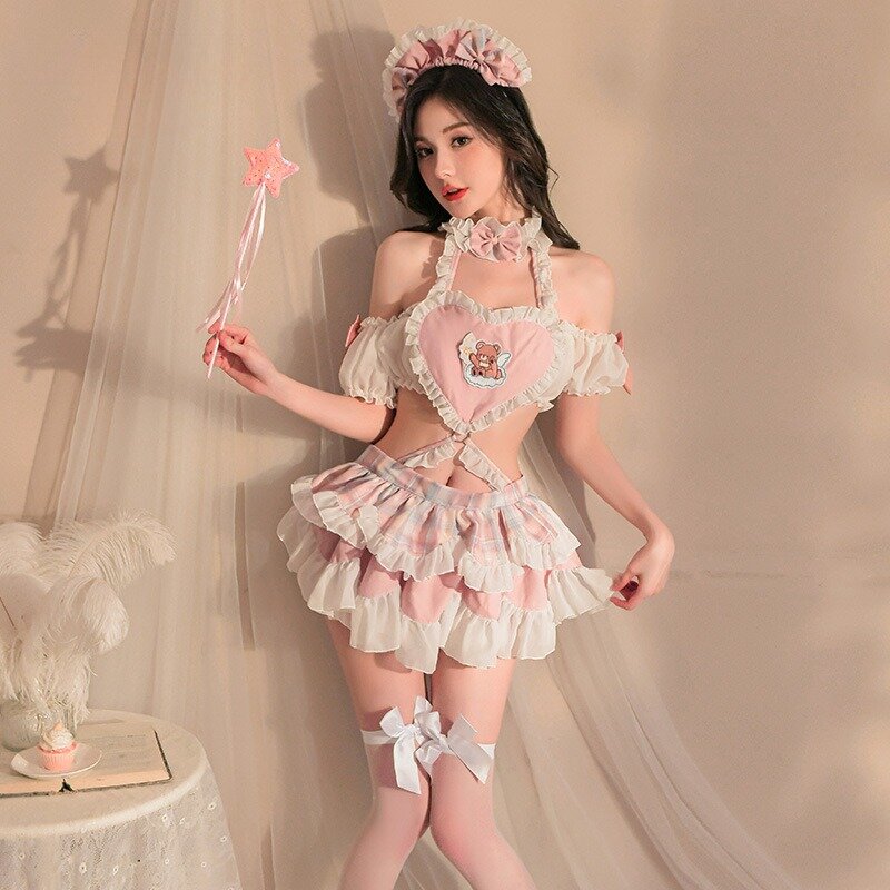 Porno Maid Maid Cosplay kostiumy różowy pokojówka mundur dla dorosłych do odgrywania ról kobiet Sexy sukienka Baby Doll Lencería Sexy Mujer Eróticos