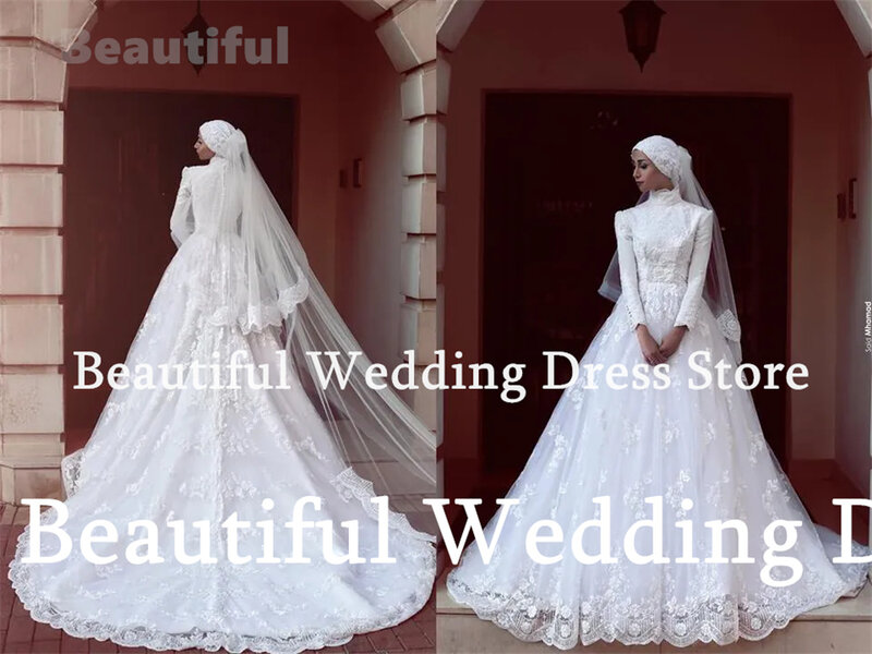 Gaun pengantin Muslim mewah 2024 untuk wanita gaun pengantin wanita applique renda A-Line lengan panjang leher tinggi rendah gaun pengantin putih baru