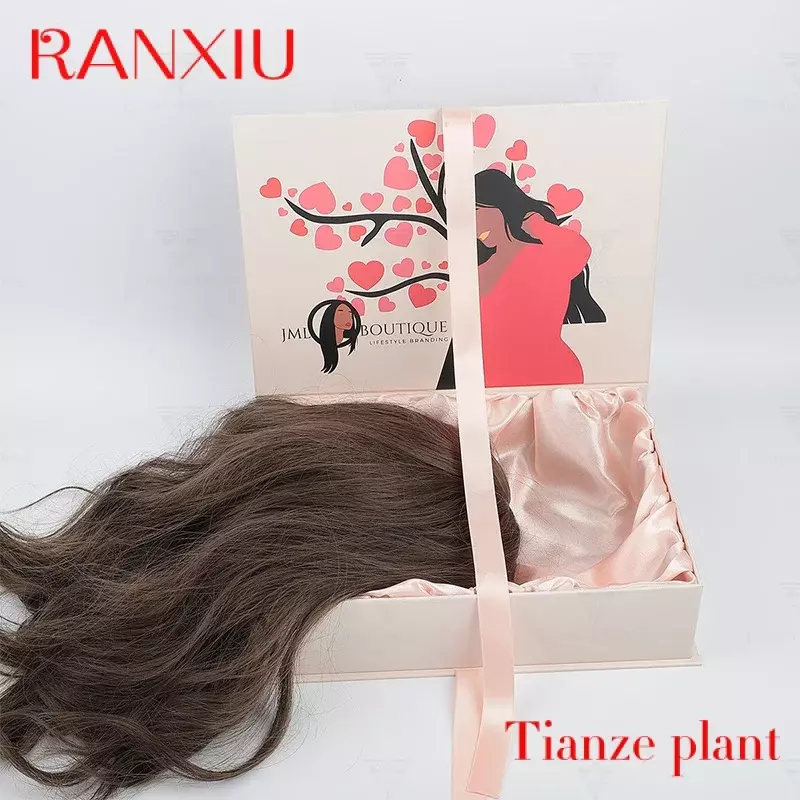 Embalaje de extensión de cabello personalizado, paquete de peluca forrada de satén de lujo, caja de regalo plegable con logotipo