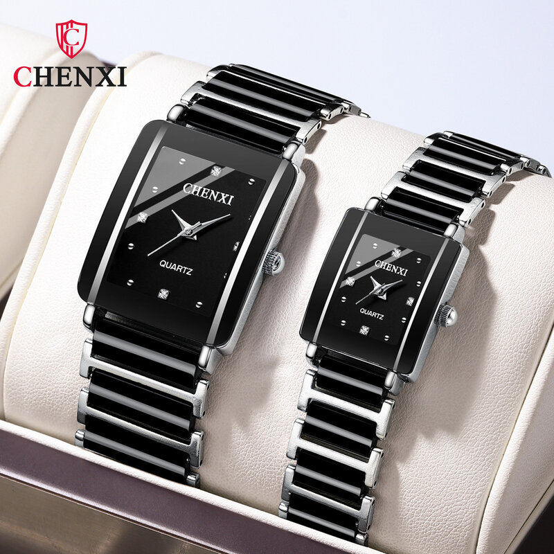 CHENXI jam tangan kuarsa pasangan 104A jam tangan mewah keramik hitam putih Pria Wanita jam hadiah kekasih pria wanita