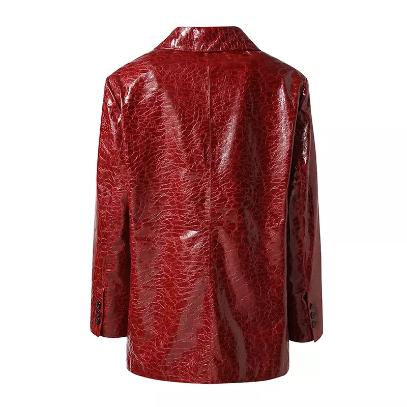 Women Sheepskin Leather Blazer Patent Leather Long Sleeve Suit Jackets Loose Single-Breasted Coats Streetwear Office Lady Jacket