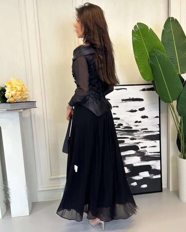 Elegante Party kleider Applikation lange Ärmel Ballkleider A-Linie Chiffon Satin Saudi-Arabien Frauen Abendkleid فساتين مناسبة رسمية
