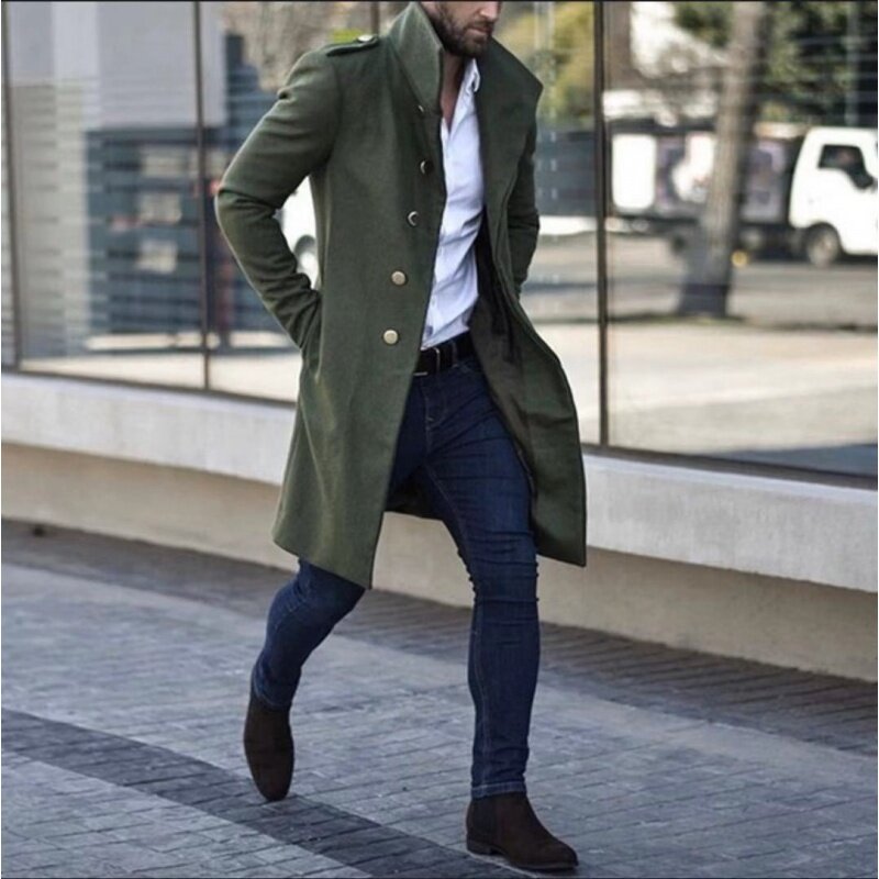 New Coat Spring And Autumn New Men's Woolen Stand Collar Metal Buckle Decoration Mid-Length Pocket Casual Trend Slim Coat