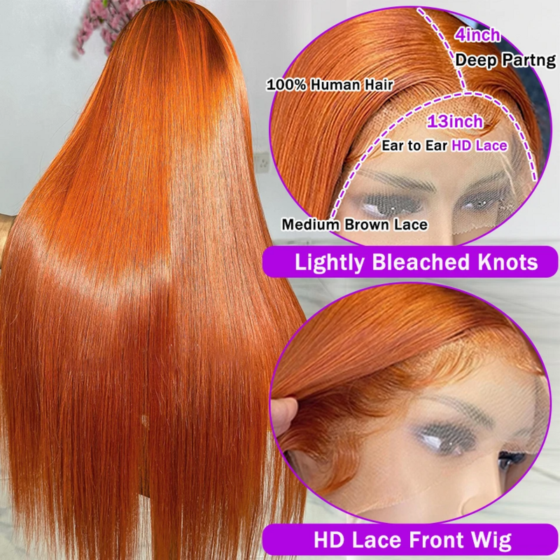 13x6 hd Lace Frontal Ginger Orange Wig Bone Straight HD Lace Front Colored Wig 30 inch Glueless Wigs Human Hair for Women Choice
