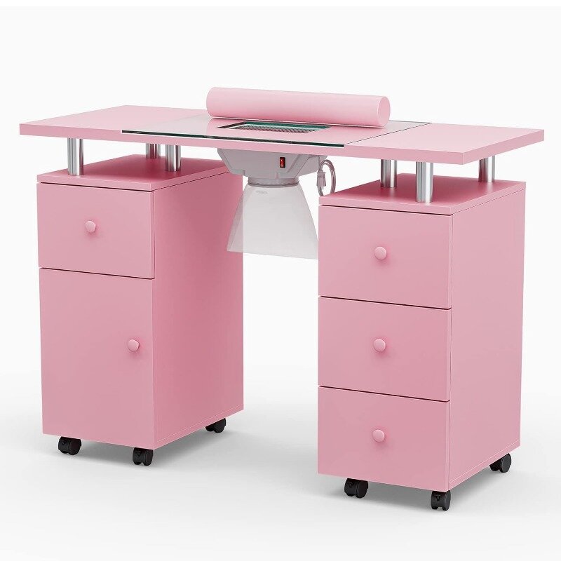 Manicure Table, Glass Top Nail Makeup Desk Nail Table Station for Nail Tech w/Electric Downdraft Vent, Wrist Cushion