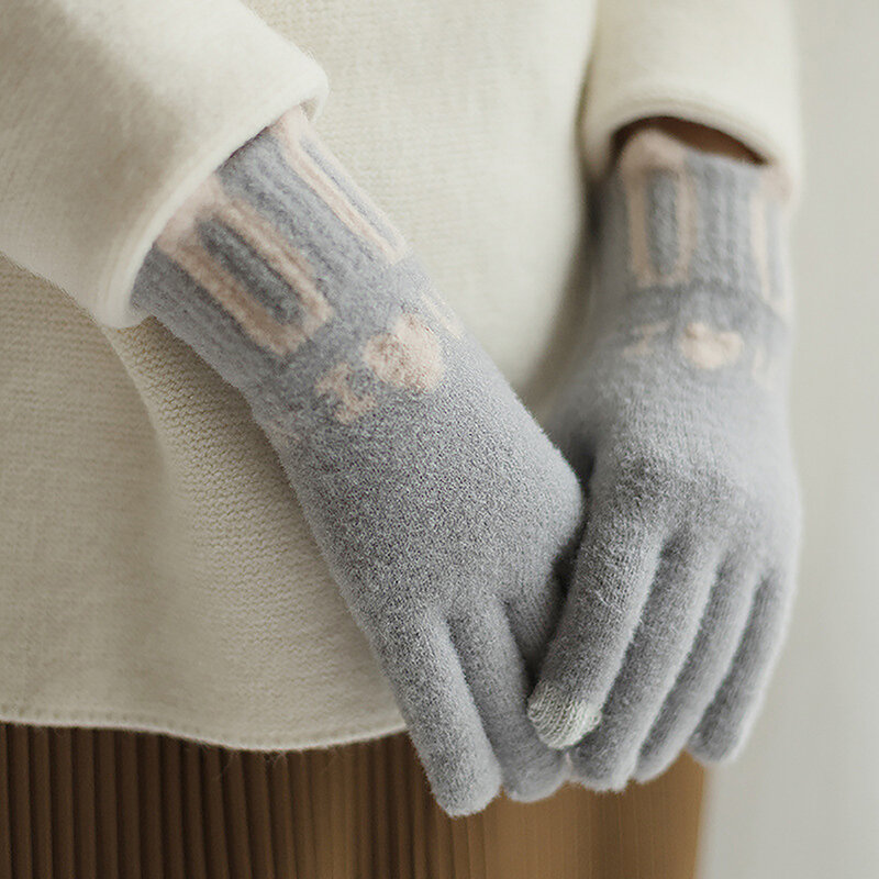 Słodkie ucho królika pełne rękawiczki z palcami dziewczęce rękawiczki z dzianiny jesienno-zimowe ciepłe rękawiczki dla jazda na rowerze, jazda samochodem z ekranem dotykowym