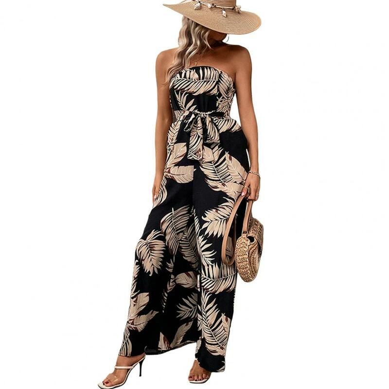 Women Summer Jumpsuit Contrast Color Print Lace-up Tight Waist Wide Leg Backless Sleeveless Full Length Vacation Beach Jumpsuit