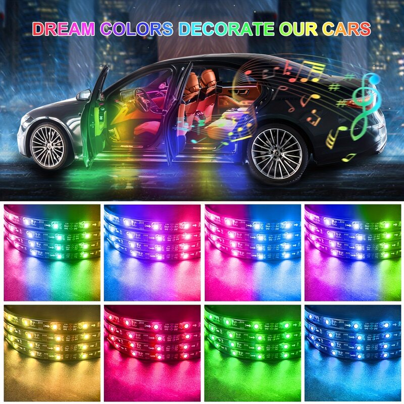 RGBIC-Bande lumineuse LED multicolore pour intérieur de voiture, DC 5V avec application, télécommande RF, éclairage de tableau de bord sous voiture, 2 lignes, design, système musical