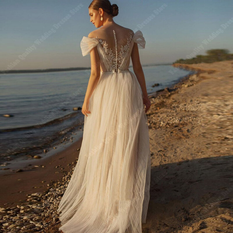 Luksusowe piękno kobiety suknie ślubne Sexy bez pleców z odkrytymi ramionami tiulowe suknie księżniczki koronkowe druk kwiatowy Vestidos De Novia