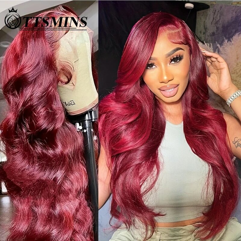 Pelucas de cabello humano con encaje Frontal para mujer, cabello rojo 99J, 13x4, color burdeos, onda corporal, cierre Frontal de encaje transparente, prearrancado