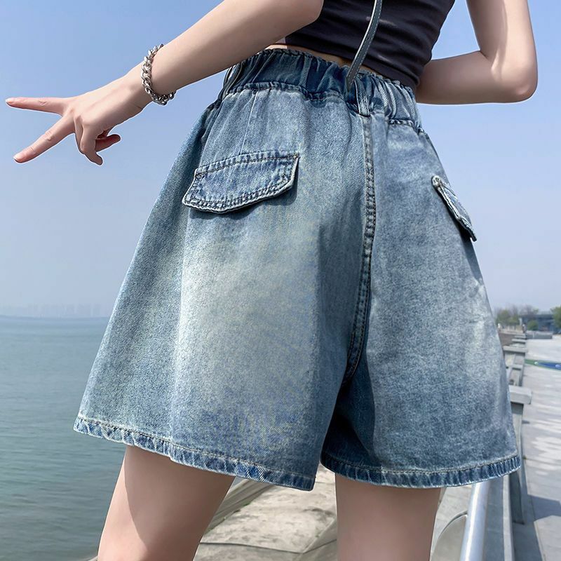 Весенне-летние джинсовые трапециевидные широкие брюки свободные с высокой талией стройнящие повседневные женские шорты