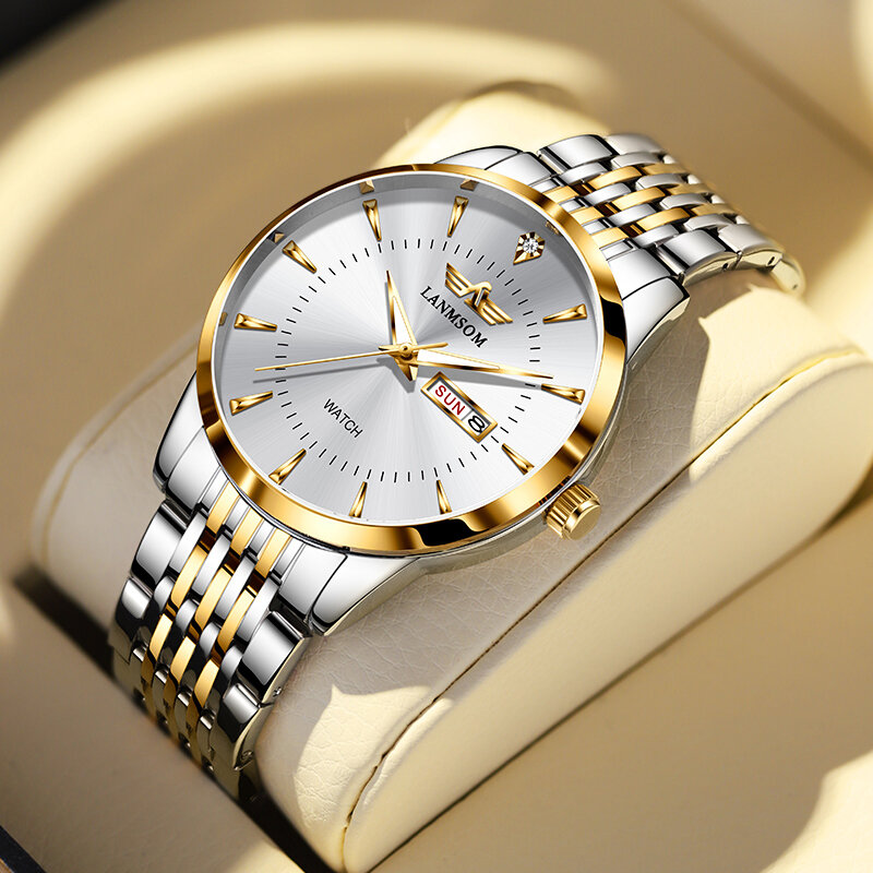 LANMSOM-Relógios de quartzo impermeáveis masculinos com pulseira de aço, casual, negócios, calendário