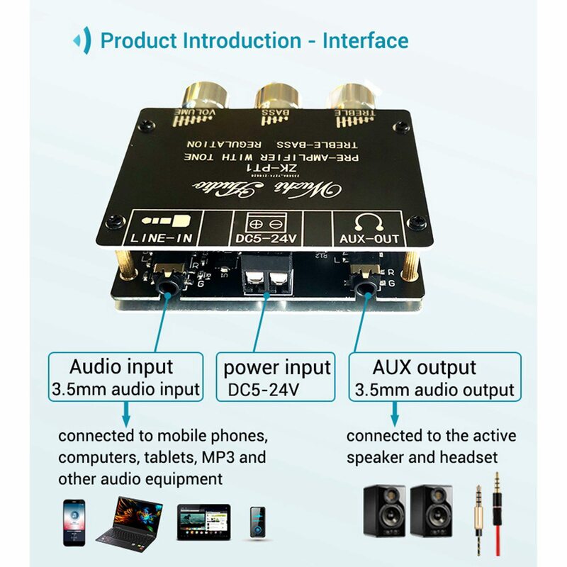 Placa decodificadora estéreo de canal duplo, baixo ruído, tom alto e baixo, amplificador pré-módulo, Bluetooth 5.0, 2X, ZK-PT1