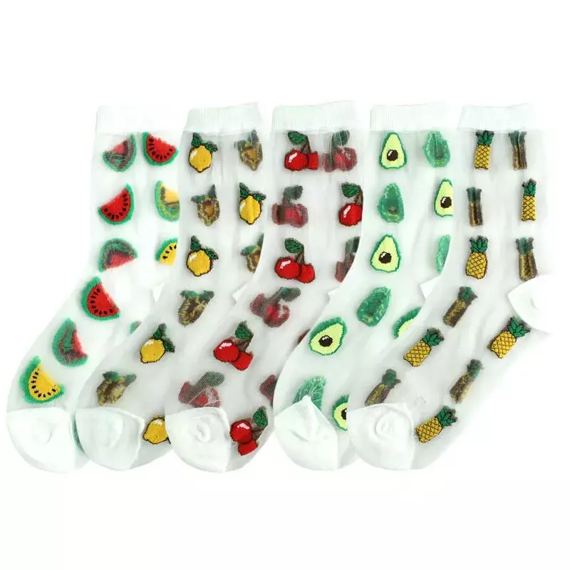 Korean Style Thin Transparent Summer Socks Women Fruit Avocado Watermelon Pineapple Creative Design Glass Skarpety Lace Sock