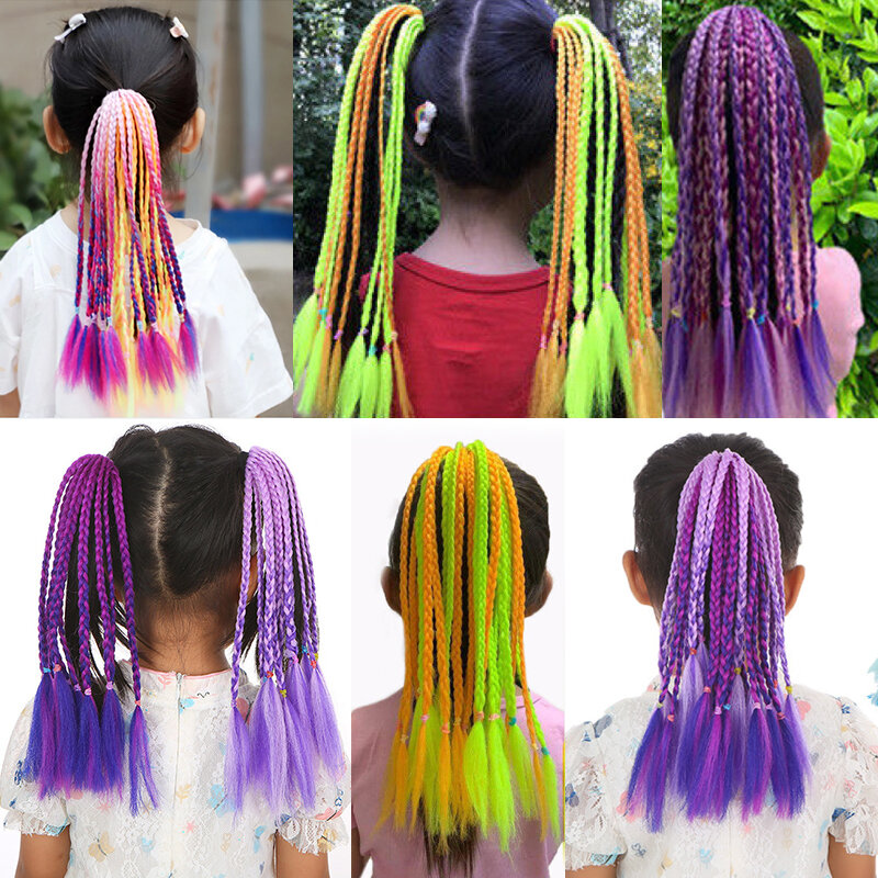 Sintético colorido tranças cabelo extensões com bandas de borracha arco-íris trançado rabo de cavalo, acessórios de cabelo para crianças, meninas