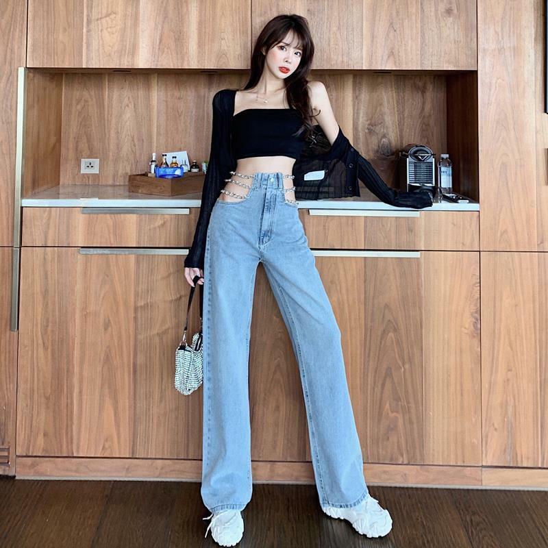 Design Sense Chain High Waisted Hollow Out Sexy, Loose Fitting Straight Leg Jeans Women's Spicy Girl Wide Leg Long Pants Trend