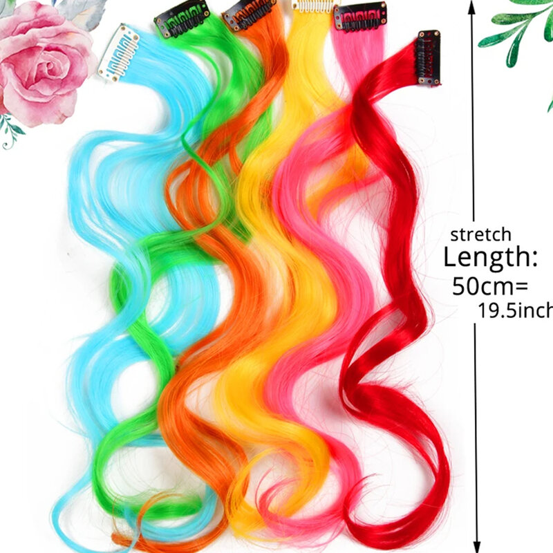 Красочные накладные волосы, вьющиеся, на одной клипсе, Синтетические длинные шиньоны для девочек, женщин, детей, разноцветные искусственные пряди, парик