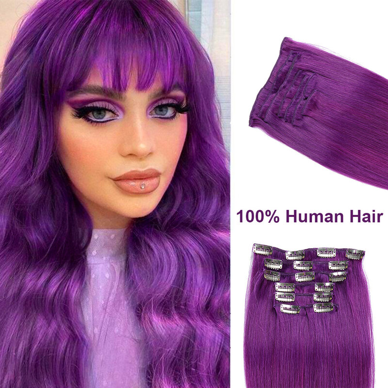 Ekstensi rambut manusia asli klip dalam ekstensi rambut tanpa kelim ganda ekstensi rambut Cosplay warna ungu klip rambut