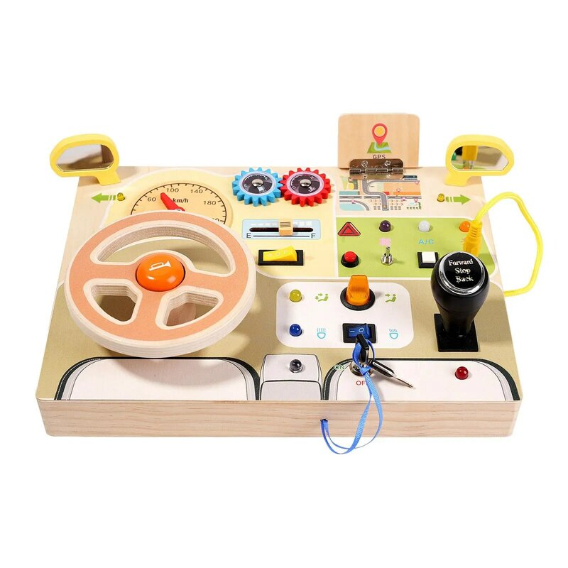 Volante analógico Montessori para aprendizaje temprano, juguetes sensoriales, interruptor de luces, tablero ocupado, habilidades motoras básicas, edad 3 +