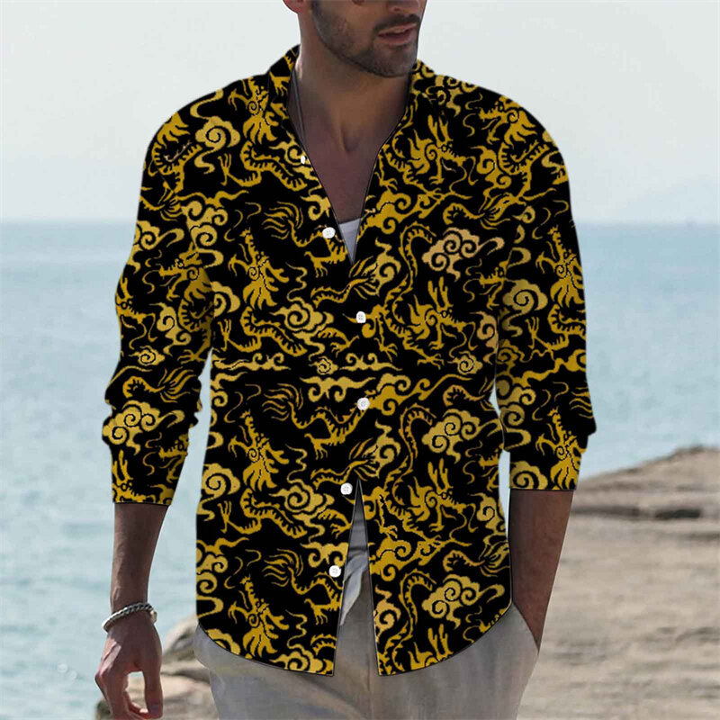 Modne męskie koszule jednoosobowa jednorzędowa koszula tradycja wzór nadruk z długim rękawem odzież damska hawajskie bluzki imprezowe