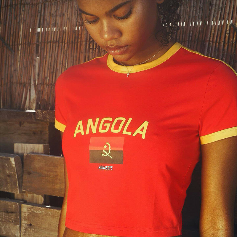 Hip-Hop Harajuku Grunge Angola National flagge Text druck T-Shirt Streetwear Y2K Crop Tops Sommer gemütliche sexy Frauen Leibchen