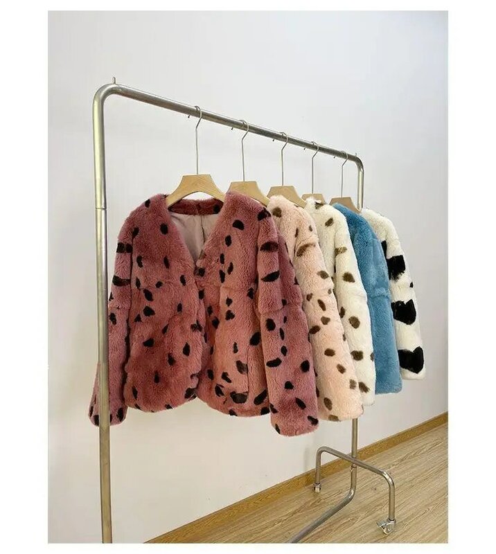 Chaquetas de piel imitación de cordero para mujer, abrigos cálidos de piel de cordero con cuello en V y estampado de leopardo, otoño e invierno, 2022
