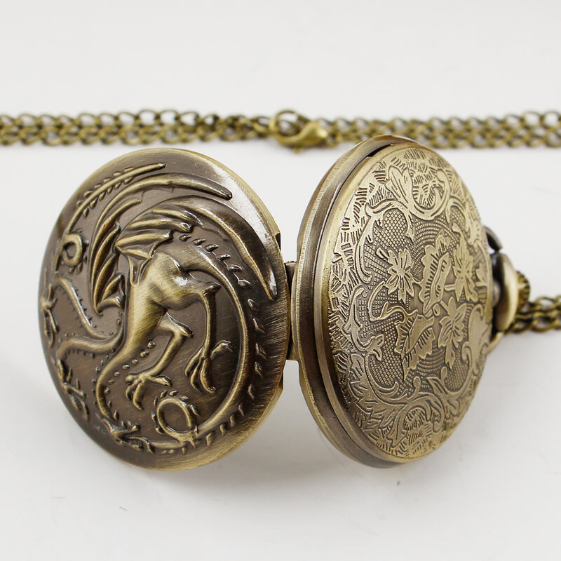 Винтажные бронзовые кварцевые карманные часы с тремя драконами, ожерелье, свитер, винтажные часы на цепочке