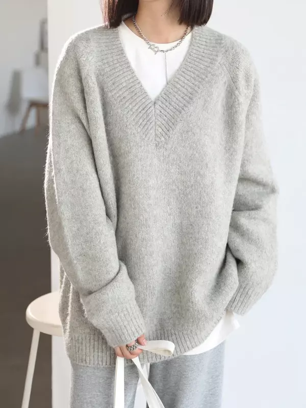 Женский свитер с V-образным вырезом, с длинным рукавом