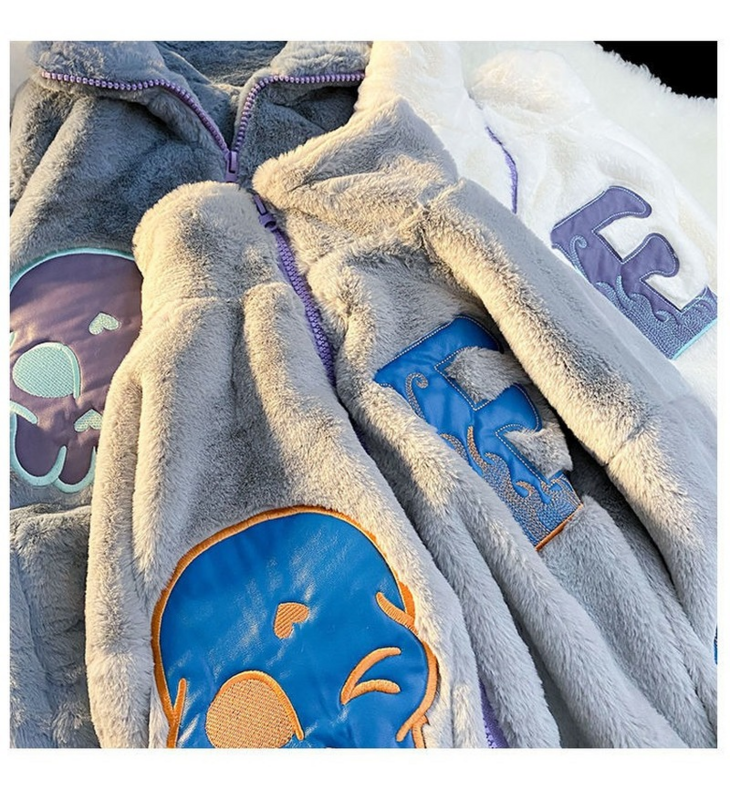 Chaqueta de piel de conejo de imitación para mujer, chaqueta con cremallera y letras bordadas, holgada, estilo callejero, informal, Y2K, invierno, 2022