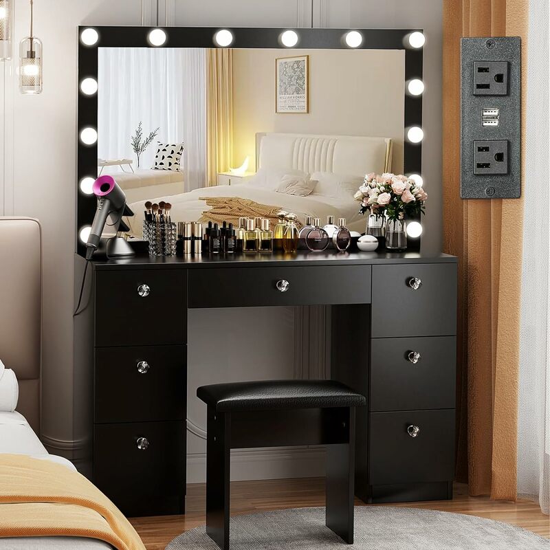 Tocador con espejo iluminado, escritorio de maquillaje con espejo, salida de corriente y cajones, tocador con modos de iluminación de Color
