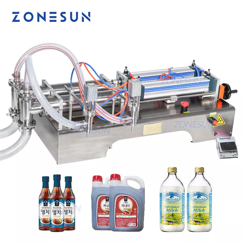 Zonesun商業フル空気圧ピストンダブルヘッドの液体充填機ミルク飲料食用油アルコール
